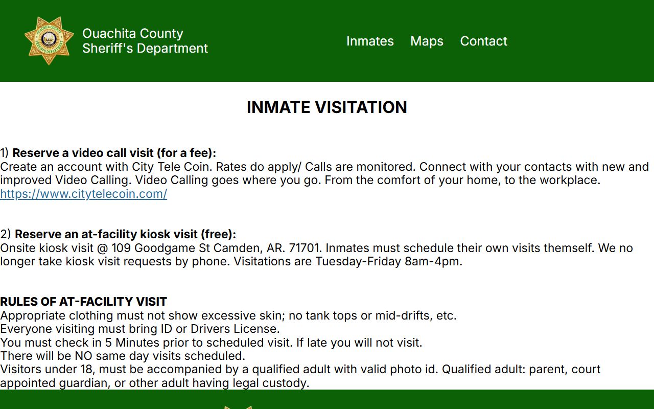 Ouachita County inmate records visitation schedule and City Tele Coin rules