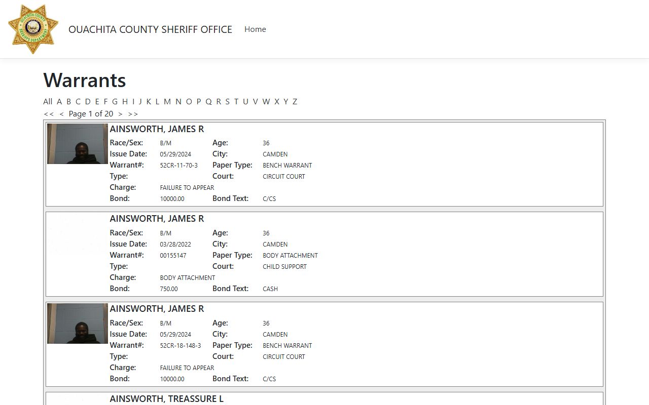 Ouachita County warrant list for court records after arrest